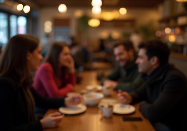 Gäste genießen die Atmosphäre und unterhalten sich an einem Tisch.